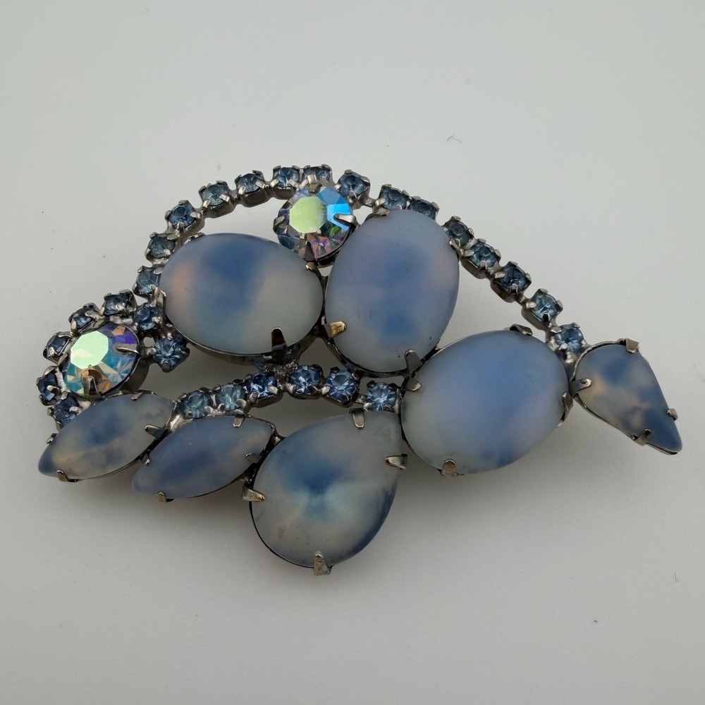 Blue Faux Moonstone AB Rhinestone Silver Tone Brooch Pin